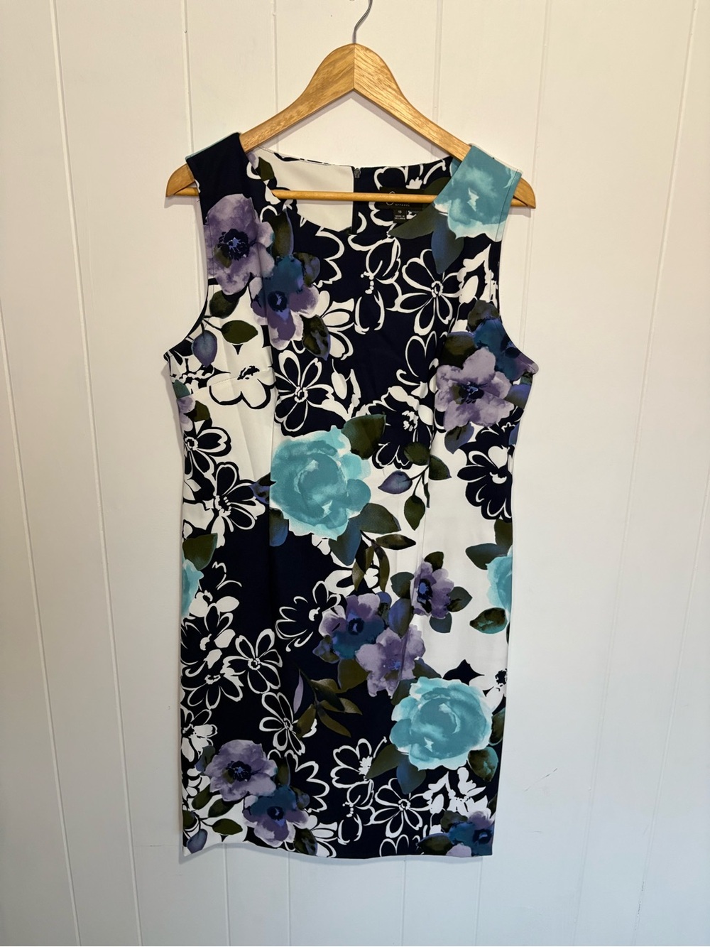 Floral Shift Dress 16 Navy Blue Aqua Wedding Guest Career Modest Midi Classic